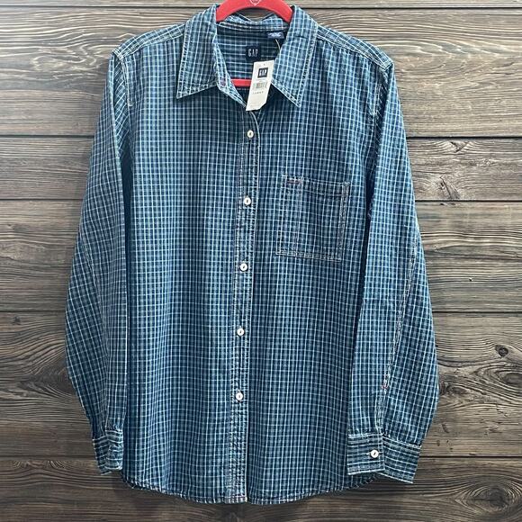 Gap Blue Plaid Denim Shirt 100% Cotton Top Long Sleeve SZ L C101852 - Picture 4 of 9